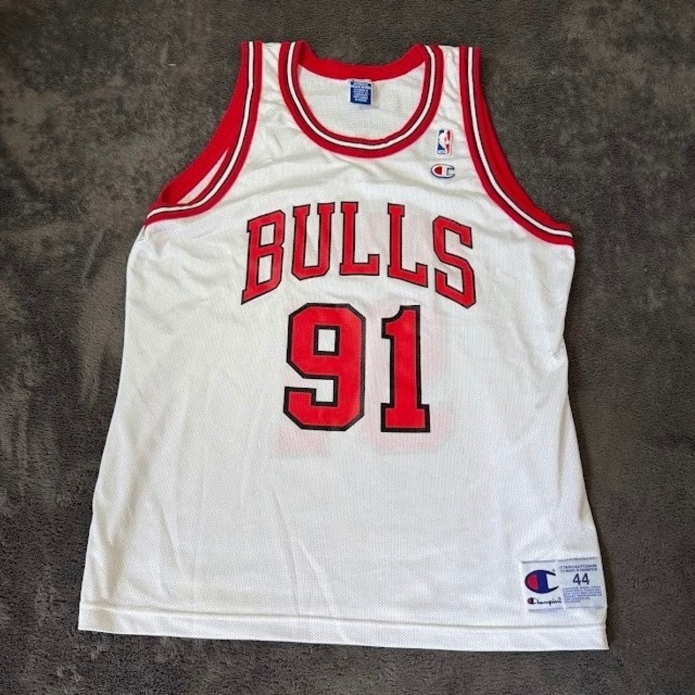 Vintage Champion Chicago Bulls Dennis Rodman 91 Jersey White Mesh Size 44 Large